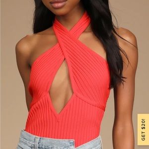 Sunny Stunner Coral Pink Ribbed Cutout Halter Bodysuit- LuLus
